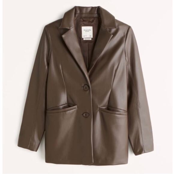 Abercrombie & Fitch Oversized Medium Chocolate Brown Faux Leather Blazer Jacket - Picture 4 of 10